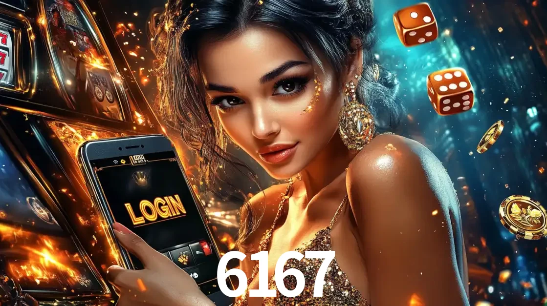 Mulher glamourosa segurando um celular com a tela de login do cassino 6167, rodeada por dados e moedas douradas, pronta para começar a diversão.