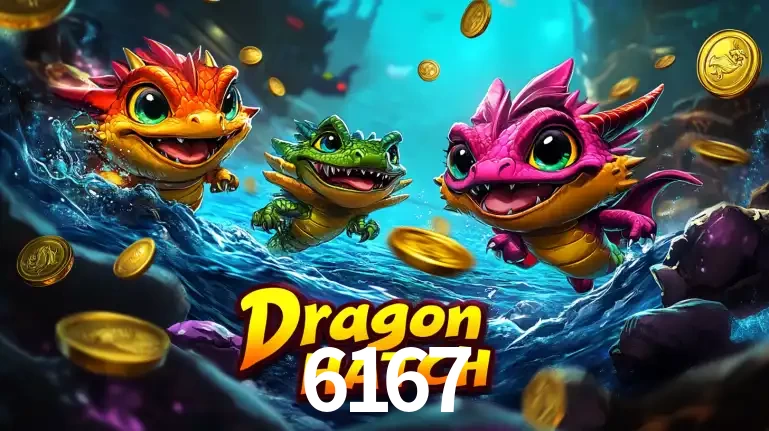 Arte promocional do jogo Dragon Hatch com três adoráveis dragões bebês nadando entre moedas de ouro, um dos slots mais divertidos para jogar no cassino 6167.