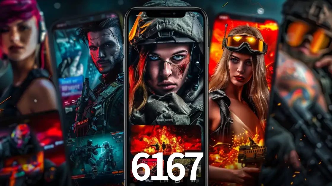 Montagem de telas de celular mostrando diversos personagens, masculinos e femininos, de um jogo de tiro, ilustrando a diversidade de equipes de e-sports para apostar no 6167.