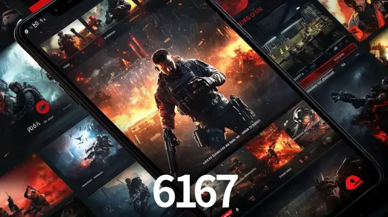 Tela de um celular exibindo uma galeria de jogos de tiro com temática militar, mostrando a variedade de e-sports disponíveis para apostas na plataforma de entretenimento 6167.