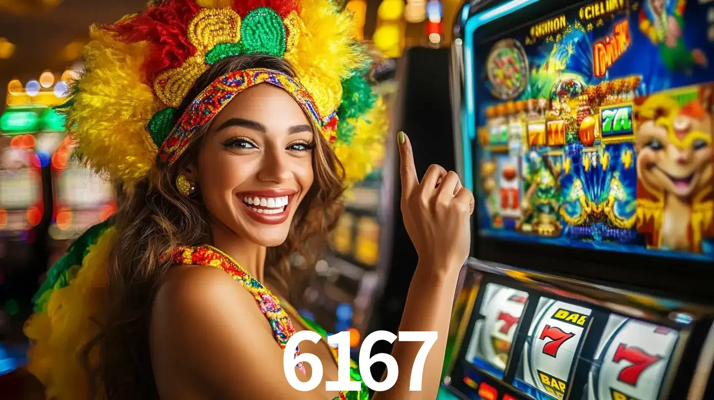 Mulher animada com um cocar de carnaval apontando para uma máquina de caça-níqueis, mostrando a emoção de ganhar um grande prêmio nos jogos do 6167.