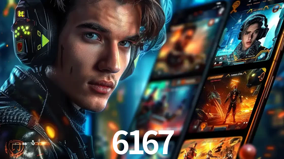 Jovem jogador com fones de ouvido olhando para a câmera, com um aplicativo de jogos e e-sports para celular ao fundo, pronto para a competição e apostas no 6167.