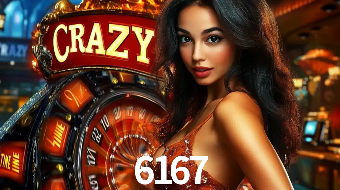 Mulher glamourosa olhando para a câmera com a roda vermelha do Crazy Time ao fundo em um ambiente de cassino, destacando a emoção dos jogos ao vivo no 6167.