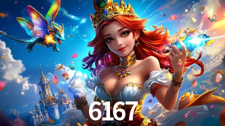 A princesa de um reino de fantasia mágico, com seu pequeno dragão, apresentando um mundo de prêmios encantados nos jogos de caça-níqueis do cassino 6167.