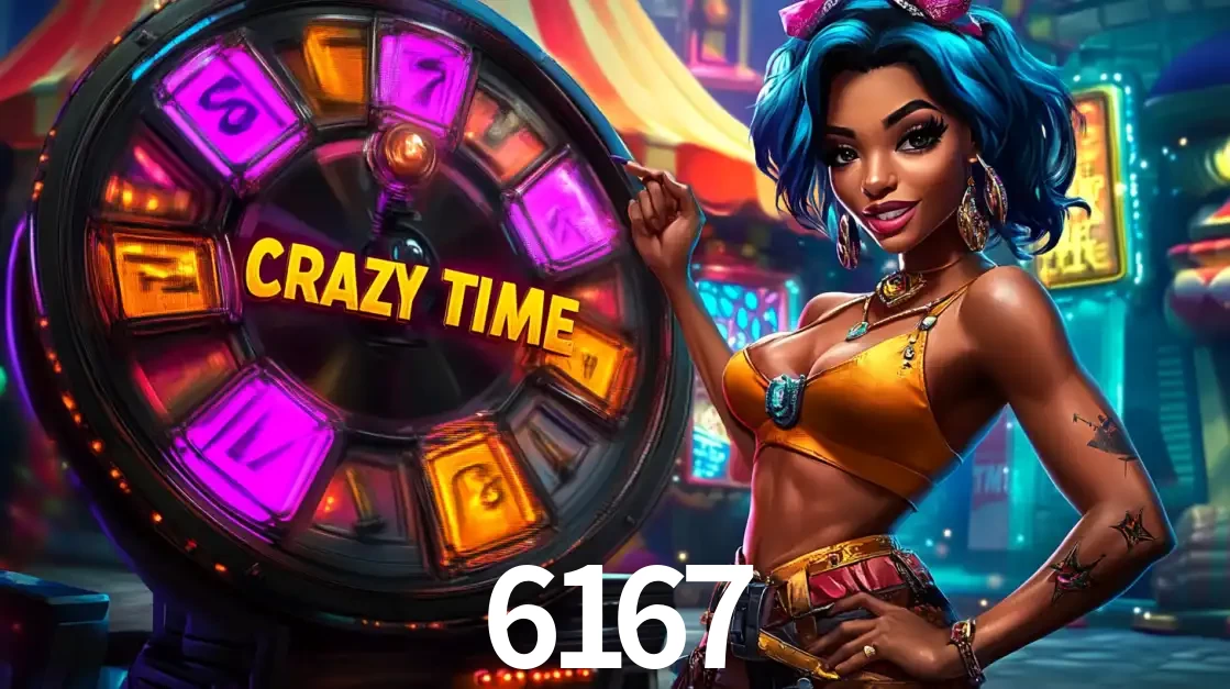 Mulher estilizada com cabelo azul e visual vibrante posando ao lado da roda de prêmios do game show Crazy Time, convidando para a diversão e os bônus do cassino 6167.