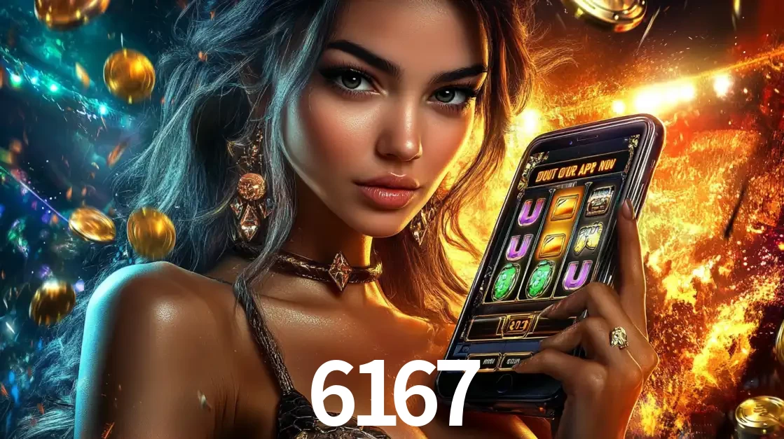 Mulher elegante mostrando um jogo de caça-níqueis em seu smartphone, destacando a experiência de cassino móvel oferecida pelo aplicativo 6167.
