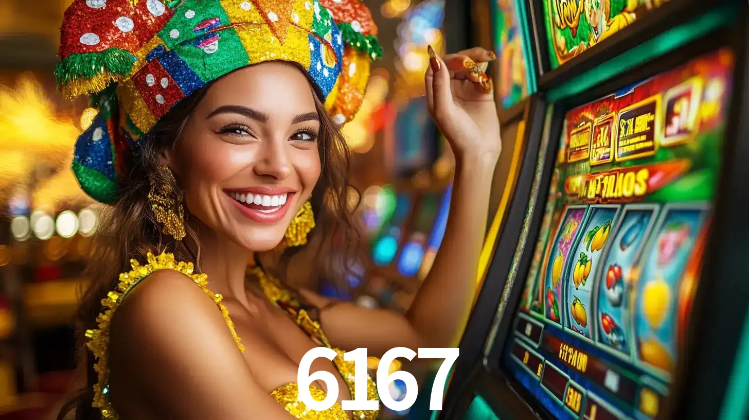 Mulher feliz com traje de carnaval amarelo e colorido ao lado de uma máquina de caça-níqueis, aproveitando a diversão e os jogos temáticos do cassino 6167.